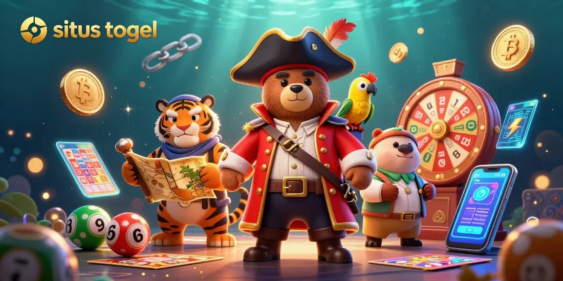 Play at situs togel with excitement in a vibrant lottery scene featuring a pirate bear and his crew.