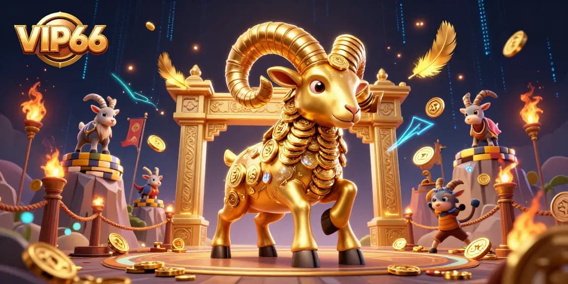 VIP66 showcases thrilling casino action with a golden ram charging through a vibrant arena.