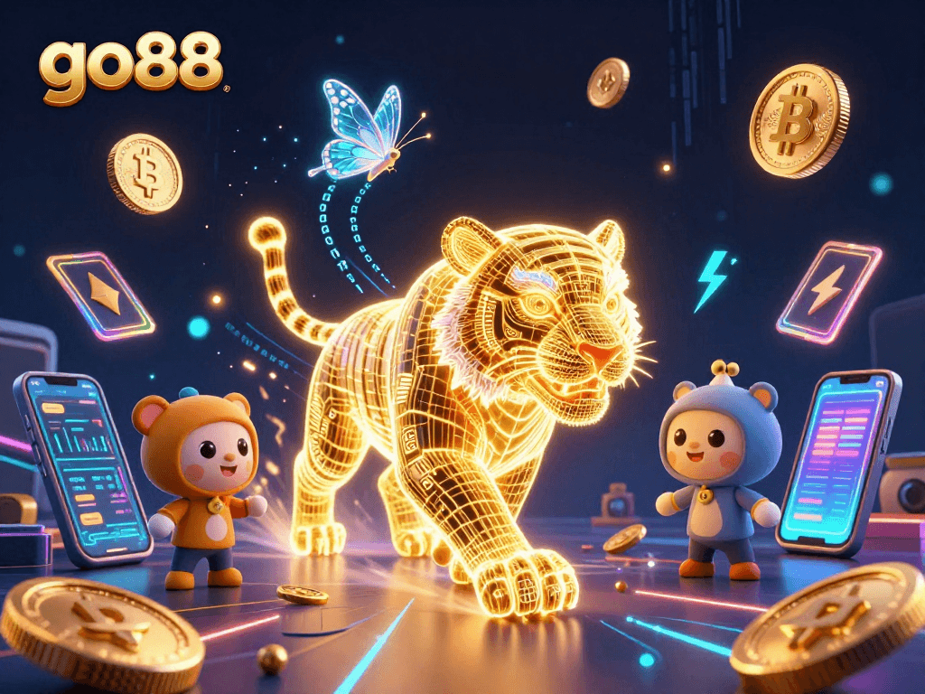 Engage with go88's vibrant digital casino scene featuring a golden tiger and crypto elements.