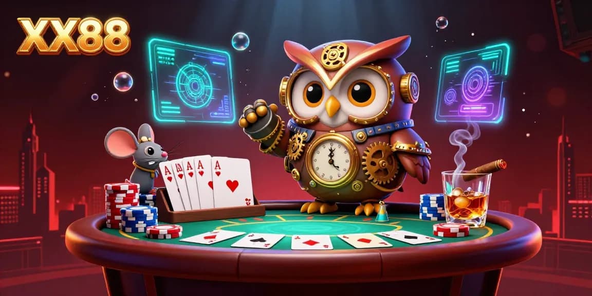 Engage with XX88's steampunk casino adventure featuring a time-traveler owl and rich poker elements.