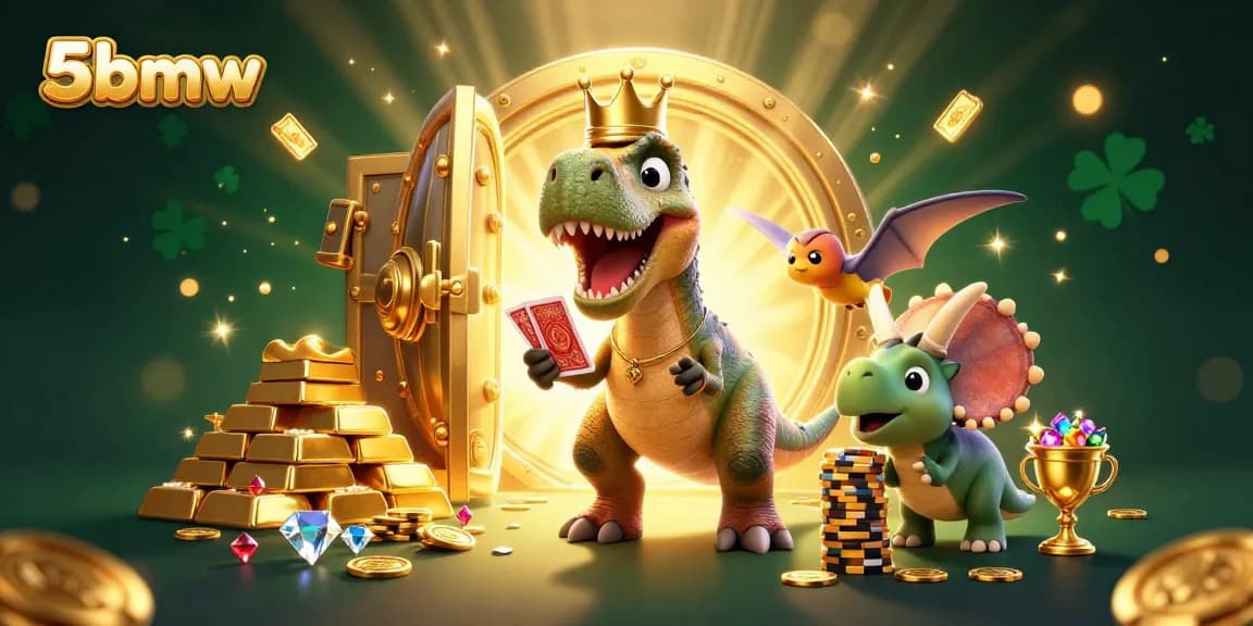 5bmw’s vibrant casino scene showcases T-Rex playing cards with gold chips, engaging with dynamic gaming elements.