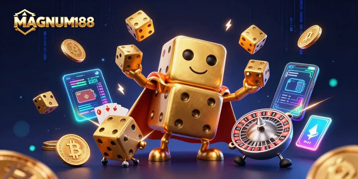 Experience the thrill of MAGNUM188 with dynamic golden dice and crypto elements in a vibrant casino scene.