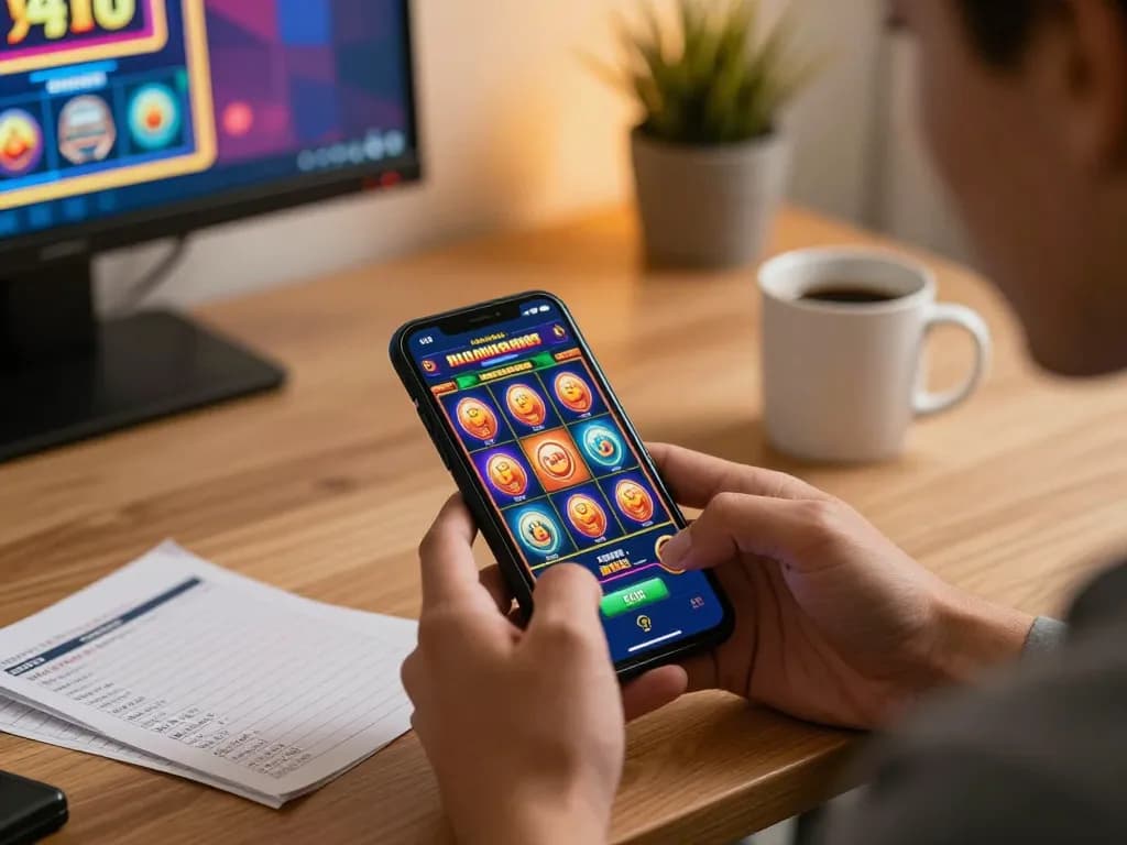 Engaging online gaming scene showing a user enjoying nhà cái llwin on a smartphone with vibrant slot graphics.