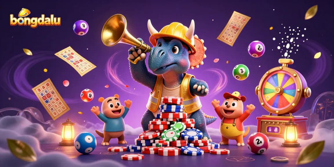 Bongdalu features a playful 3D scene with a triceratops, celebrating sports betting in an energetic atmosphere.