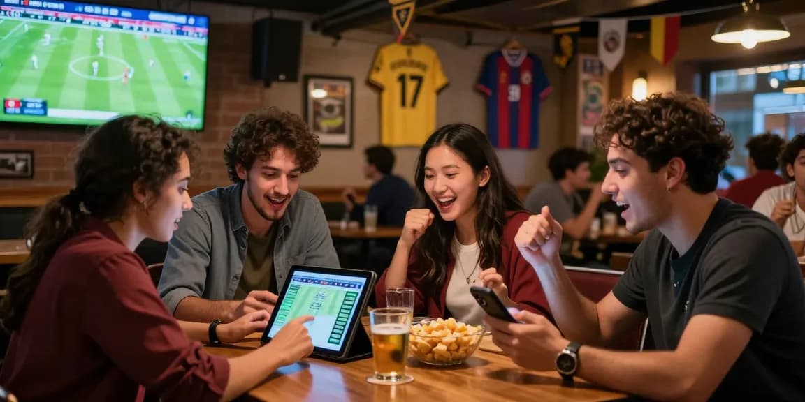 A group of friends excitedly reviewing tỷ lệ kèo nhà cái at a sports bar, surrounded by match screens, snacks, and memorabilia.