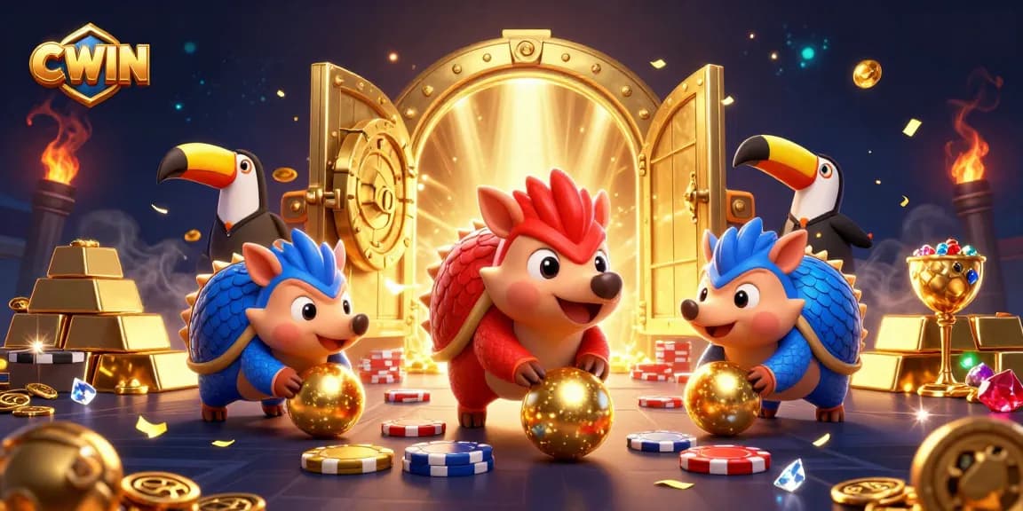 CWIN showcases rival pangolins competing amidst golden treasures and poker chips in a vibrant casino scene.
