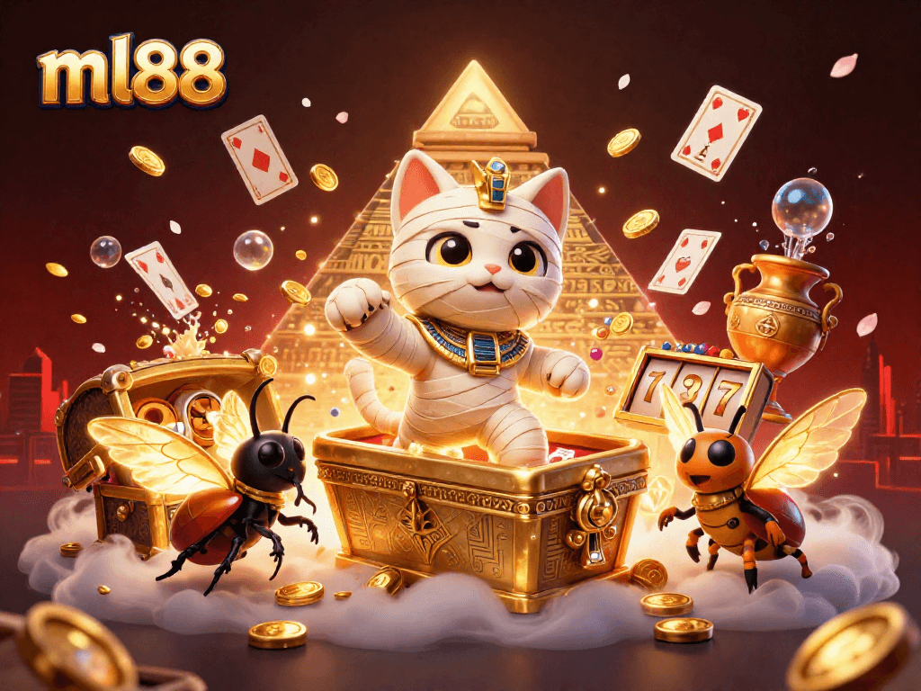 Experience thrilling chances at ml88 with a captivating Egyptian mummy cat bursting from a sarcophagus amidst dynamic casino elements.