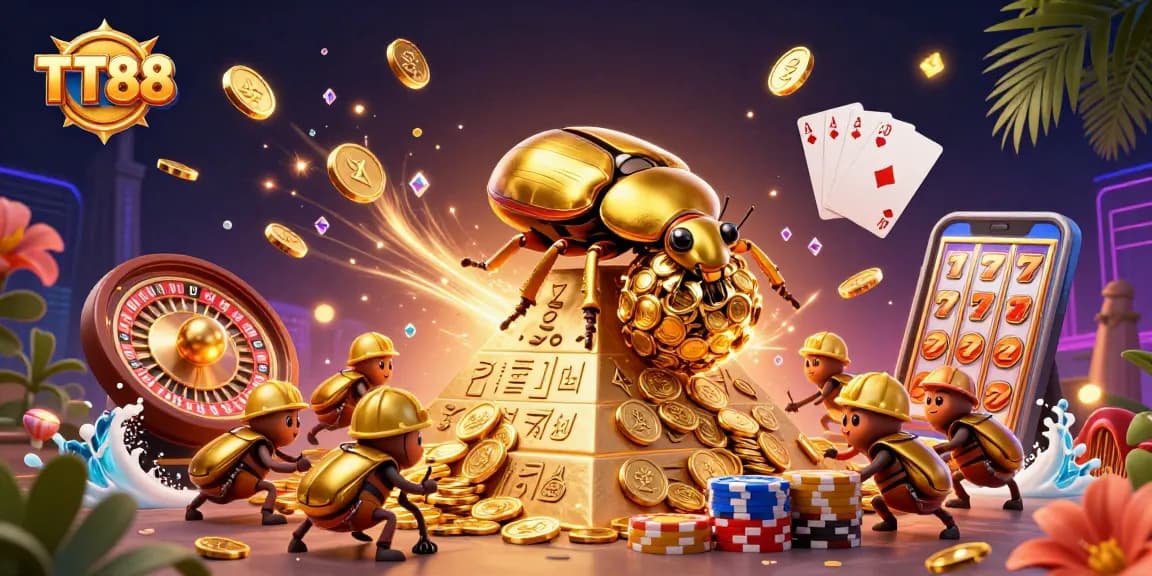 Experience the excitement of TT88 with golden coin treasures, vibrant casino symbols, and dynamic game elements.