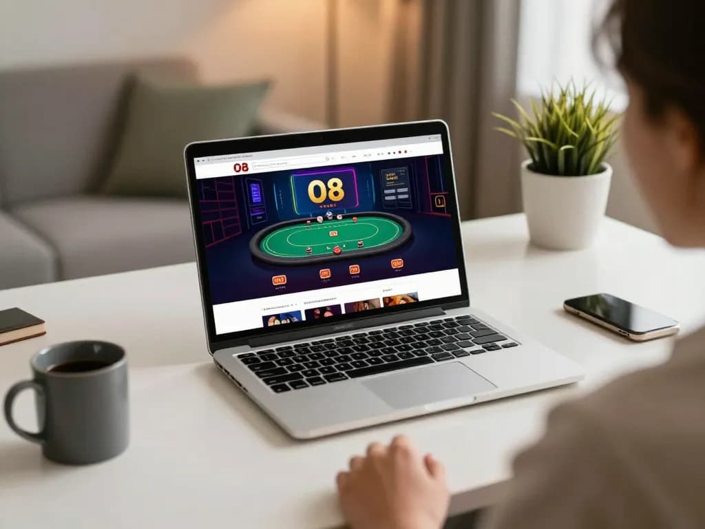 Engaged player exploring O8 casino on laptop in a cozy home setting.