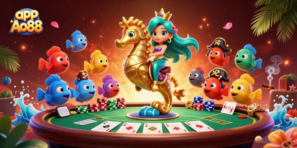 Engage with the app Ao88 for vibrant online casino gameplay featuring dynamic mermaid and seahorse elements.
