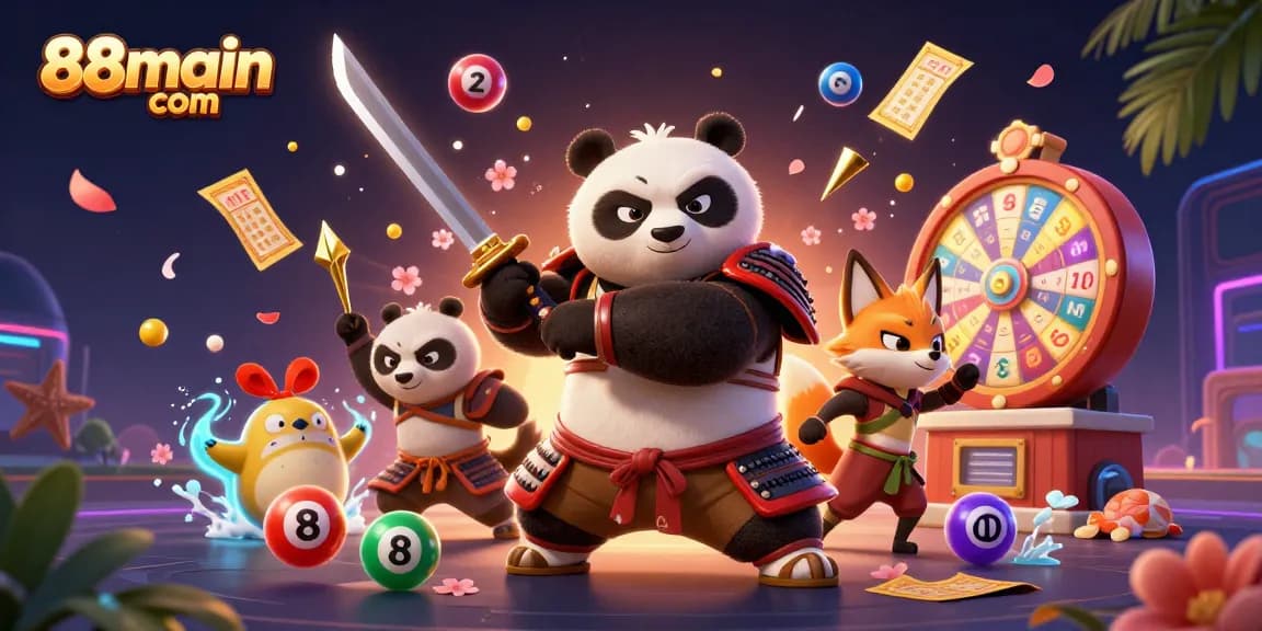 Terlibat dengan permainan menarik di 88main com, menampilkan panda samurai yang cerah dan elemen lotere emas.