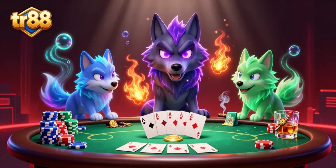 Experience thrilling gameplay at tr88 with 3D wolves and vibrant poker elements in a dynamic casino setting.