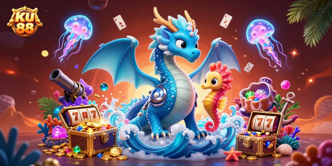 ku 88 showcases a vibrant casino world with a dragon, coral knight, and treasure chests in a dynamic underwater scene