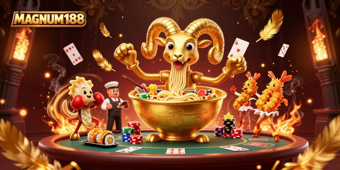 MAGNUM188 presents a vibrant casino scene with a giant ramen bowl dealer playing cards and stacking chips.