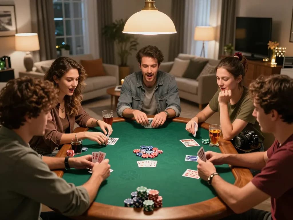 Friends enjoy poker night at home, highlighting gamedoithuong88 spirit of social gambling.