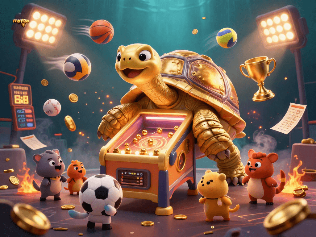 Engage in exciting games at mytx88, with a golden tortoise pinball machine amidst dynamic sports elements.