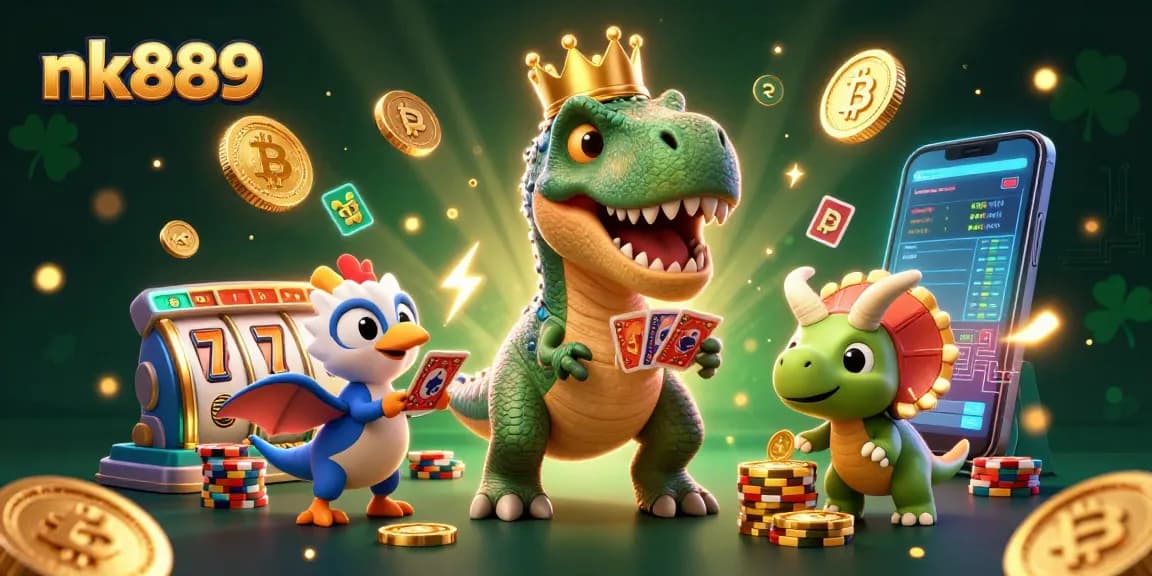 Experience nk889 as a T-Rex shuffles cards with a pterodactyl, surrounded by neon crypto coins in a vibrant casino scene.