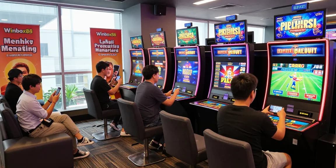 Winbox88 players enjoying mobile casino games in vibrant gaming lounge
