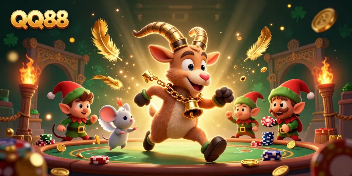 Experience excitement at QQ88 with a vibrant 3D scene featuring playful characters in a casino atmosphere.