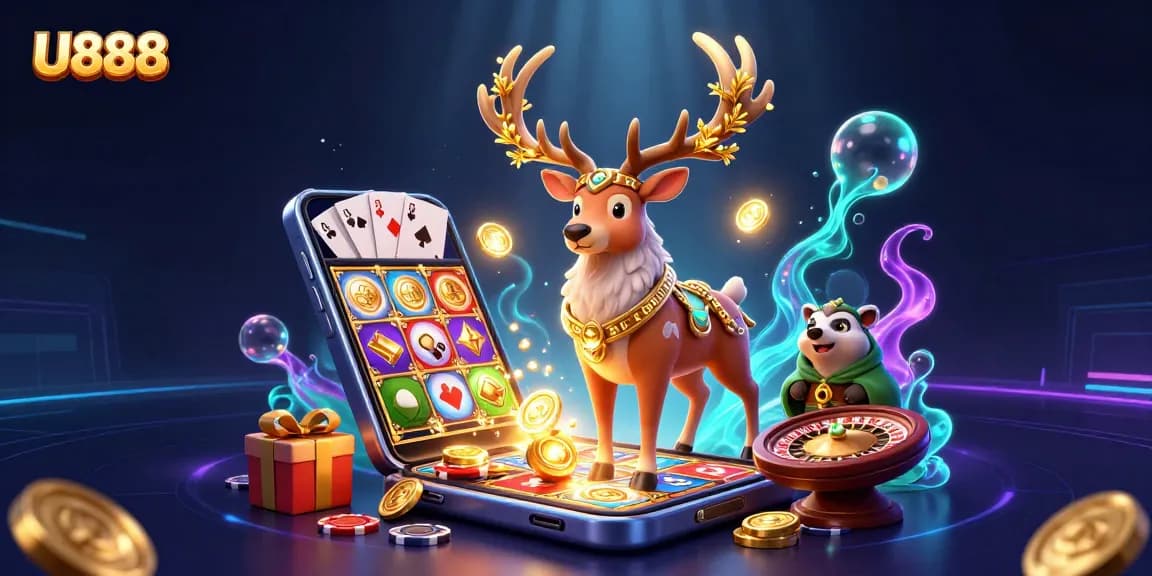 Experience thrilling slots at U888 with captivating 3D characters and exciting game elements in a mystical scene.