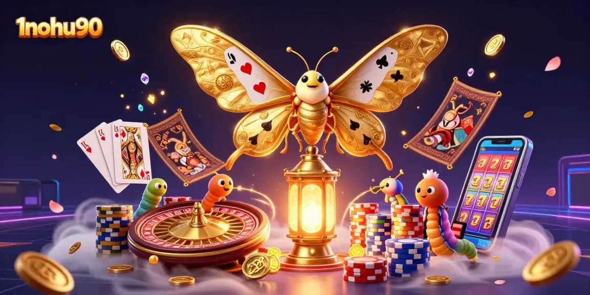 Experience thrilling gaming with 1nohu90's vibrant casino scene featuring a golden moth.