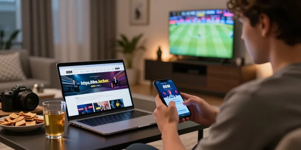 Engaged user on the https://88m.locker/ platform enjoying online gaming in a cozy living room.