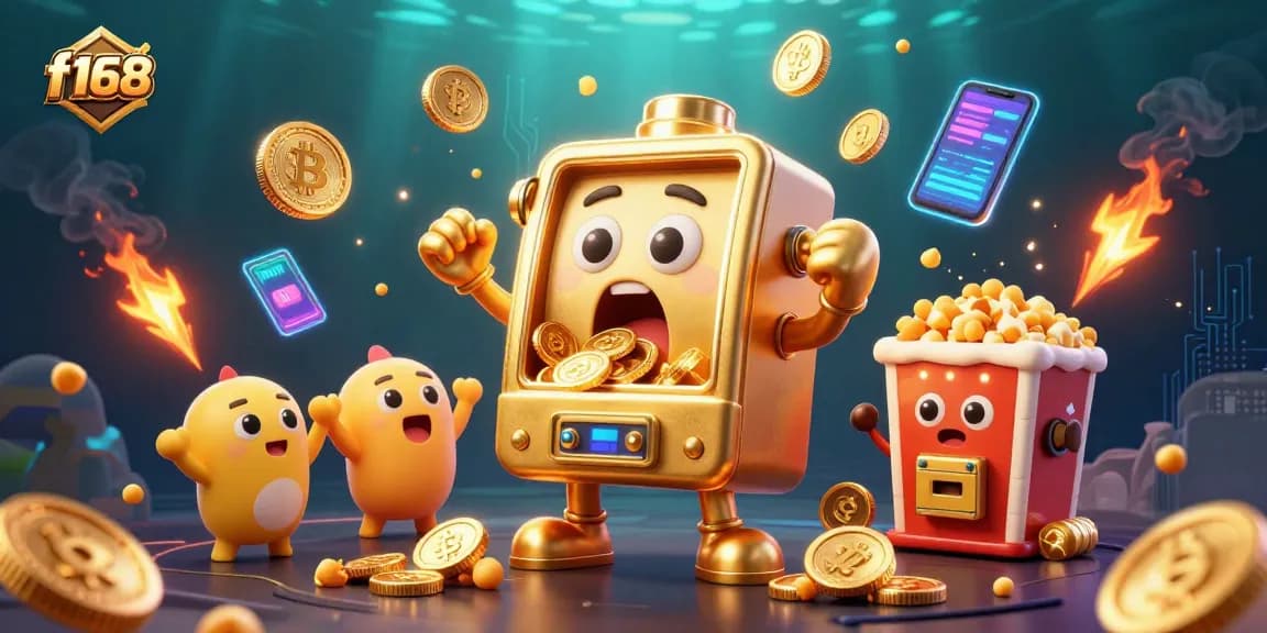 f168 brings excitement to players with a vibrant slot machine jackpot celebration and crypto elements.