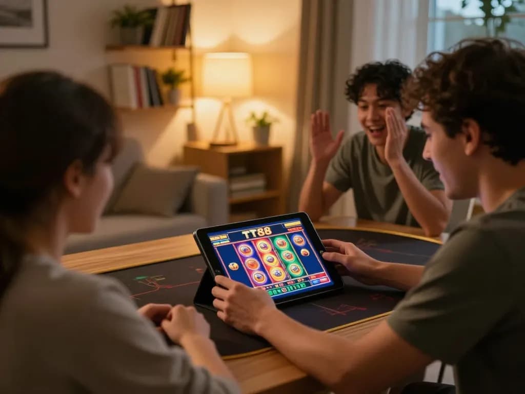 Engaged player enjoying TT88 online slot games on a tablet in a cozy home setting.