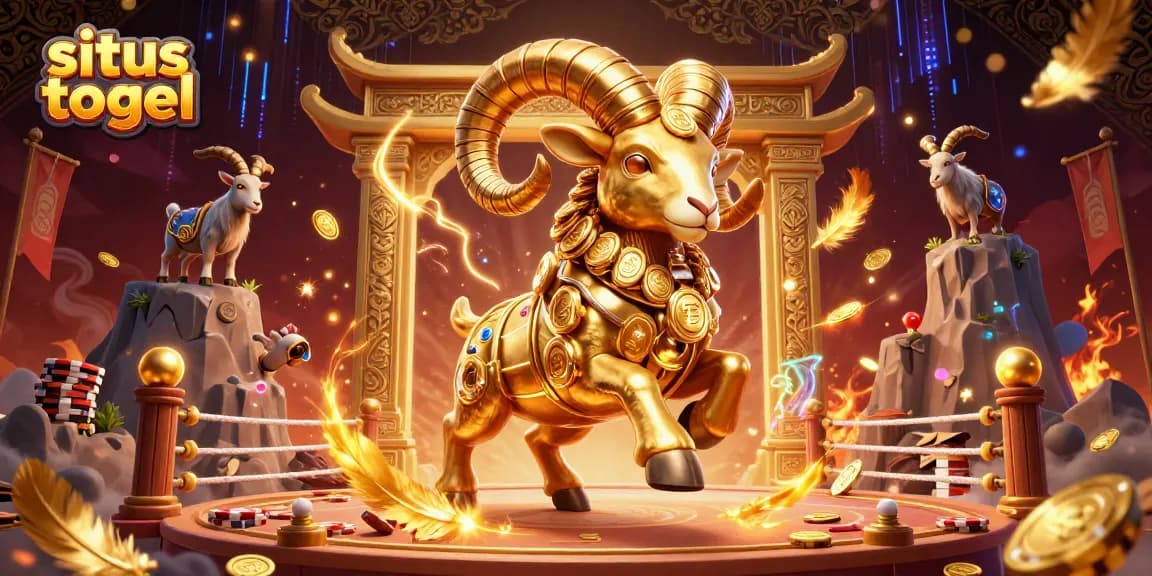 Experience situs togel excitement with a charging golden ram at a lavish gaming arena.