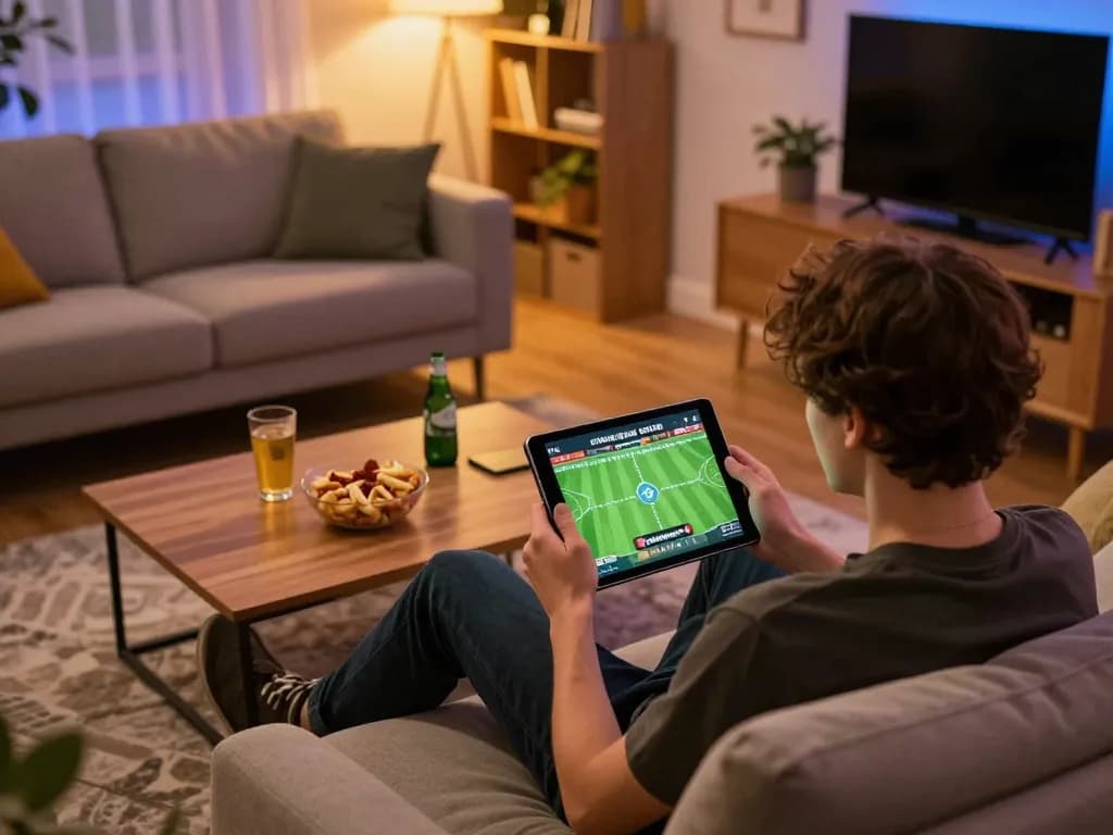 Engaged user placing bets on Nowgoal while enjoying a cozy home atmosphere