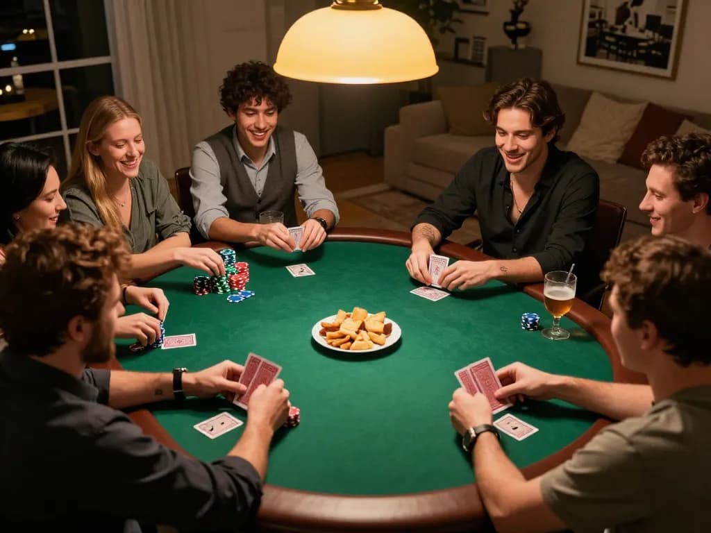O8 players engage in a lively poker game night at home, with strategic discussions and a cozy atmosphere.