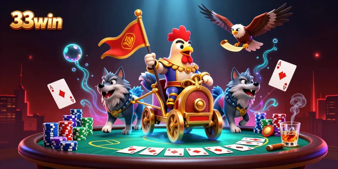 Experience the thrilling gameplay of 33win with a rooster warlord leading a robust poker battle.