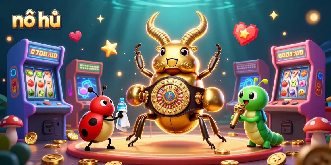 Engage in nổ hũ with a vibrant 3D illustration of a golden stag beetle boxing champion and casino elements.