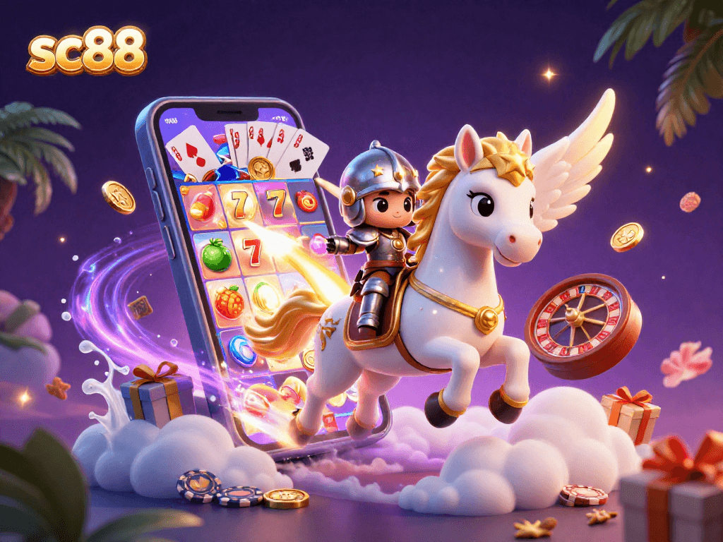 Spin reels and win big with sc88 in a vibrant casino-themed 3D illustration featuring a magical horse.