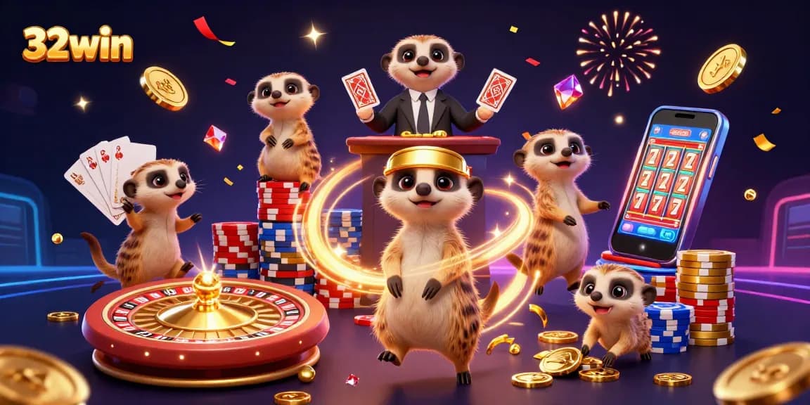 Experience the excitement at 32win casino with cartoon meerkats in a dynamic gaming scene.