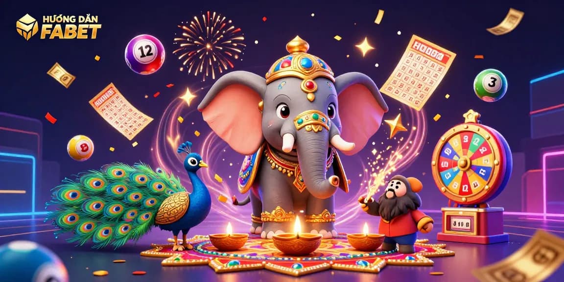 Engage with HƯỚNG DẪN FABET in this vibrant illustration showcasing lottery excitement and festive elements.