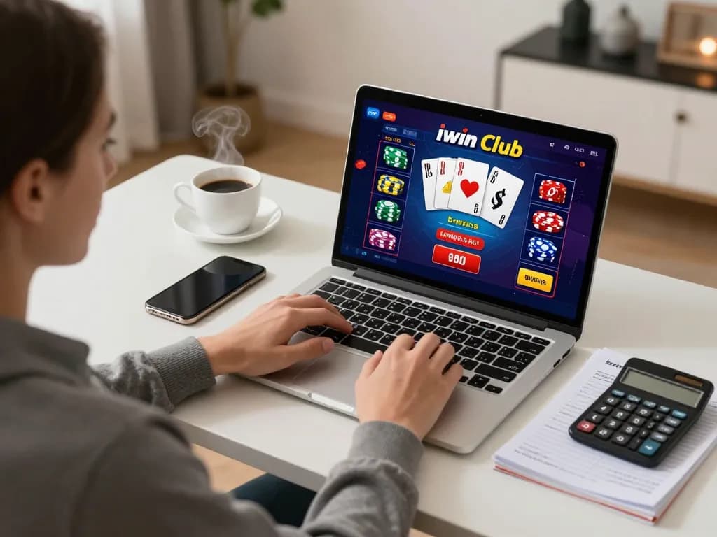 Engaging player strategizing on iwin club's online gaming interface at a sleek desk.