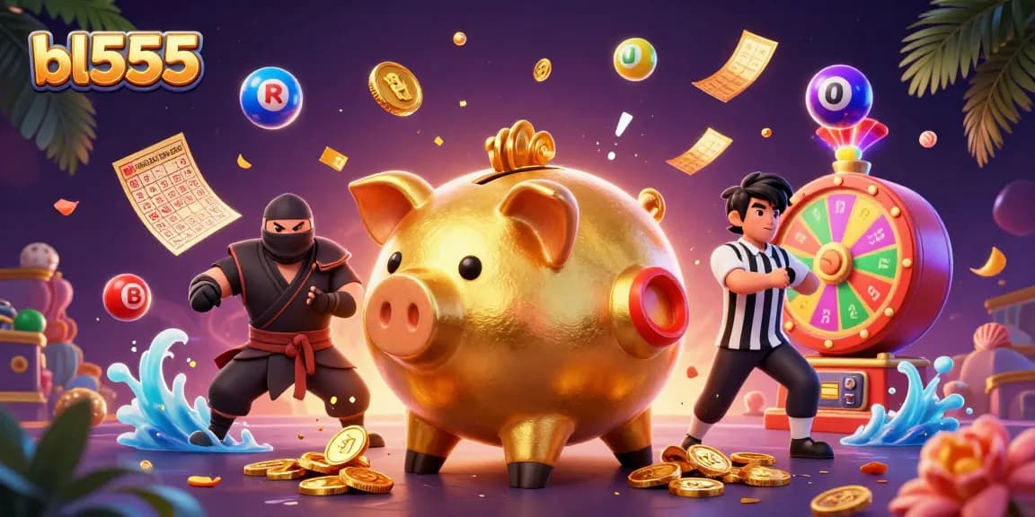 Experience gambling excitement with bl555 as a golden piggy bank sumo wrestler shakes coins, amidst vibrant lottery elements.