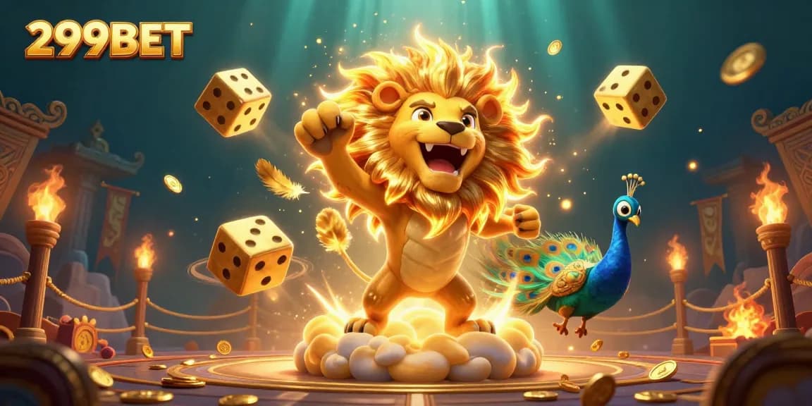 Experience the thrilling games at 299BET as a cartoon sun lion roars amidst a vibrant casino scene