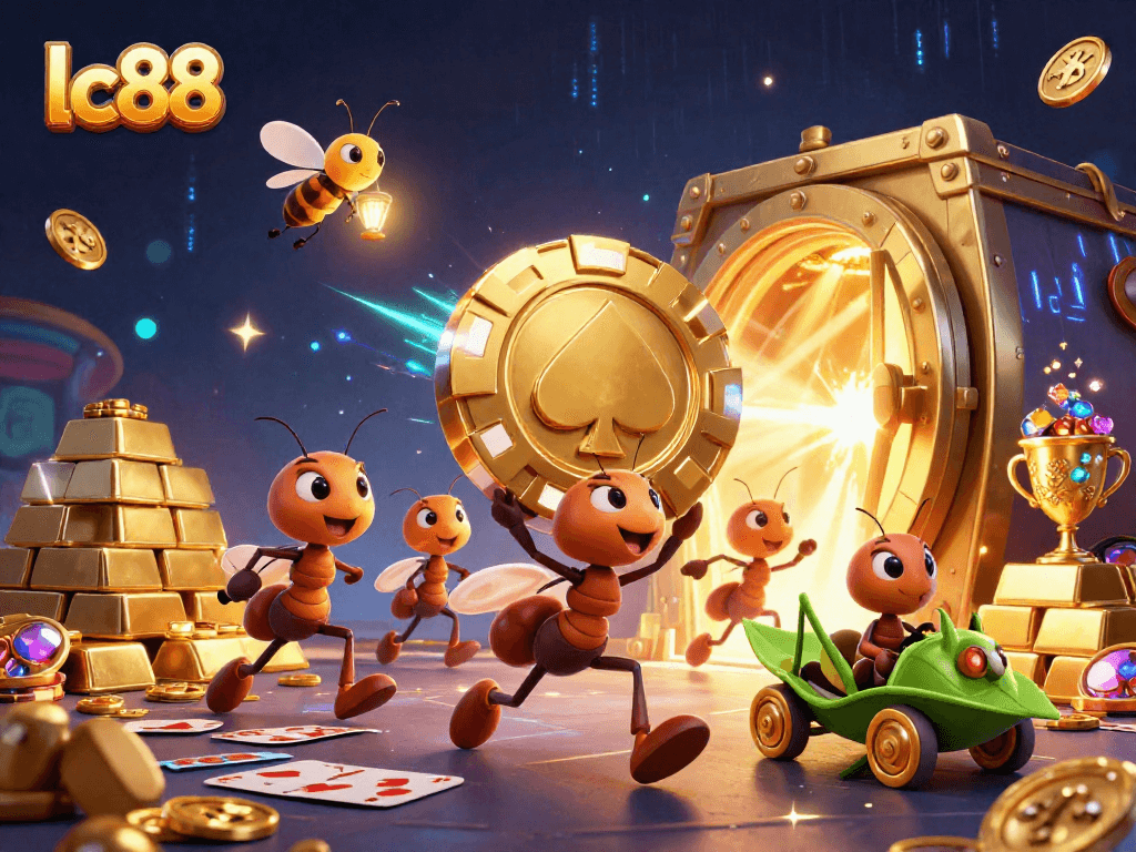 lc88 ants executing a heist for a giant golden poker chip surrounded by vibrant casino treasures.
