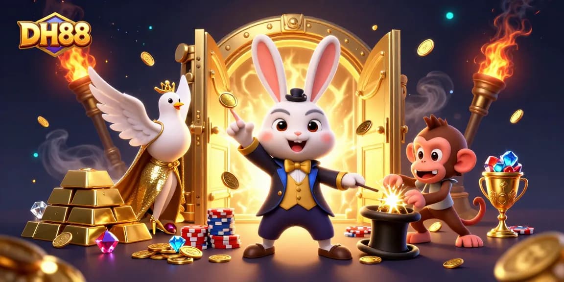 Engage in thrilling wins at DH88 with a vibrant 3D illustration of a magician, dove, and monkey among coins and jewels.
