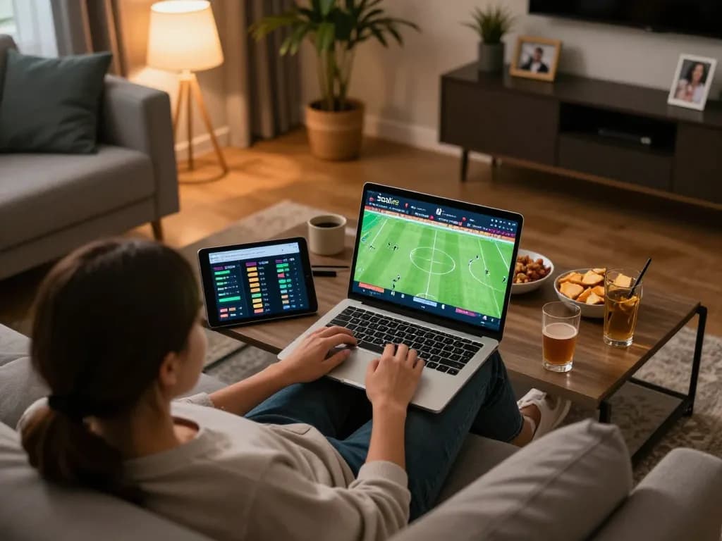 Engaged user placing bets on Socolive while watching live football in a cozy setting