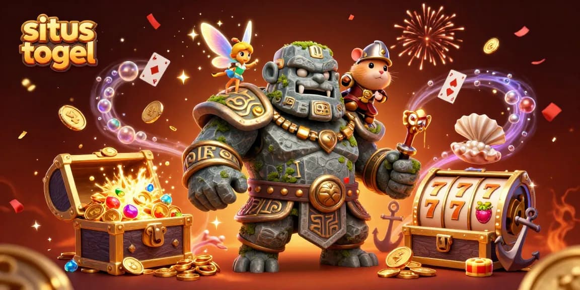 situs togel scene with golem and fairy amidst casino themes, showcasing vibrant slot treasures