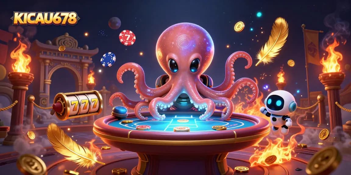 KICAU678 captures thrilling moments with a unique space octopus and robot at a slot gaming table.