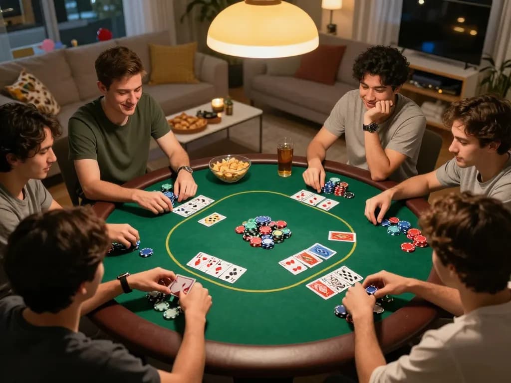 Trải nghiệm xem đá gà trực tiếp HD khi bạn bè tụ tập cho một đêm chơi poker, bao quanh là các chip và thẻ bài đầy màu sắc.