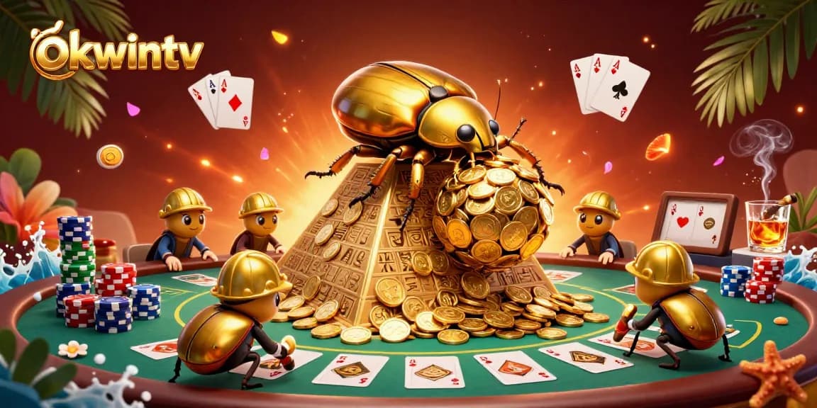 Experience high-energy action with okwintv as beetles roll golden coins amid poker tables and vibrant casino elements.