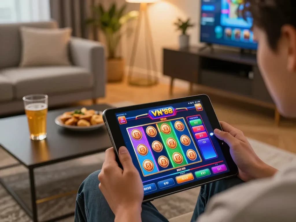 Player enjoying the VN 88 online casino app on a tablet with colorful graphics in a cozy home setting.