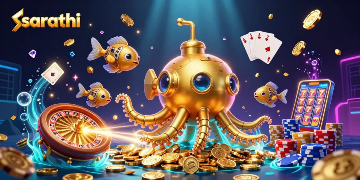 Experience the thrill of gaming with Sarathi's golden kraken submarine amidst dazzling casino elements.