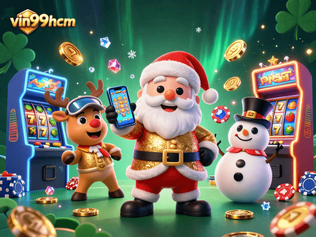 Experience the excitement with vin99hcm as cartoon characters celebrate big wins in a dazzling casino scene!