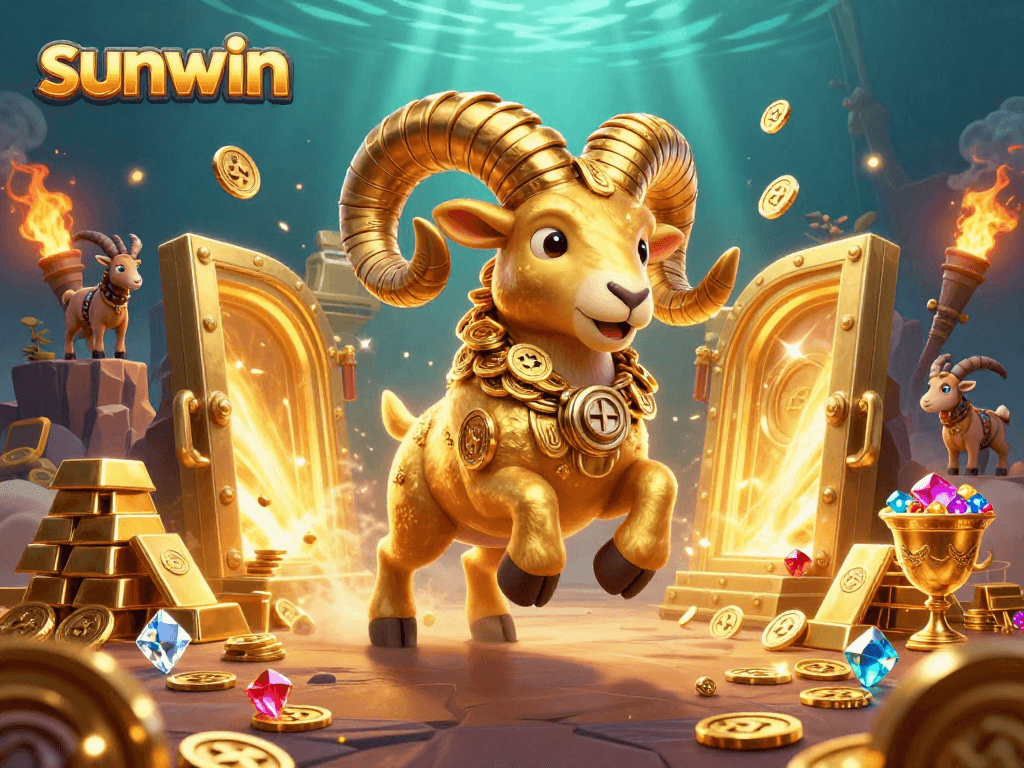 Win big with sunwin: A stunning 3D casino scene featuring treasure-filled elements and animated characters.